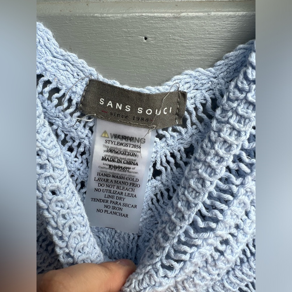 Sans Souci light blue knit sleeveless top size small 100% cotton, bohemian style - Picture 2 of 7